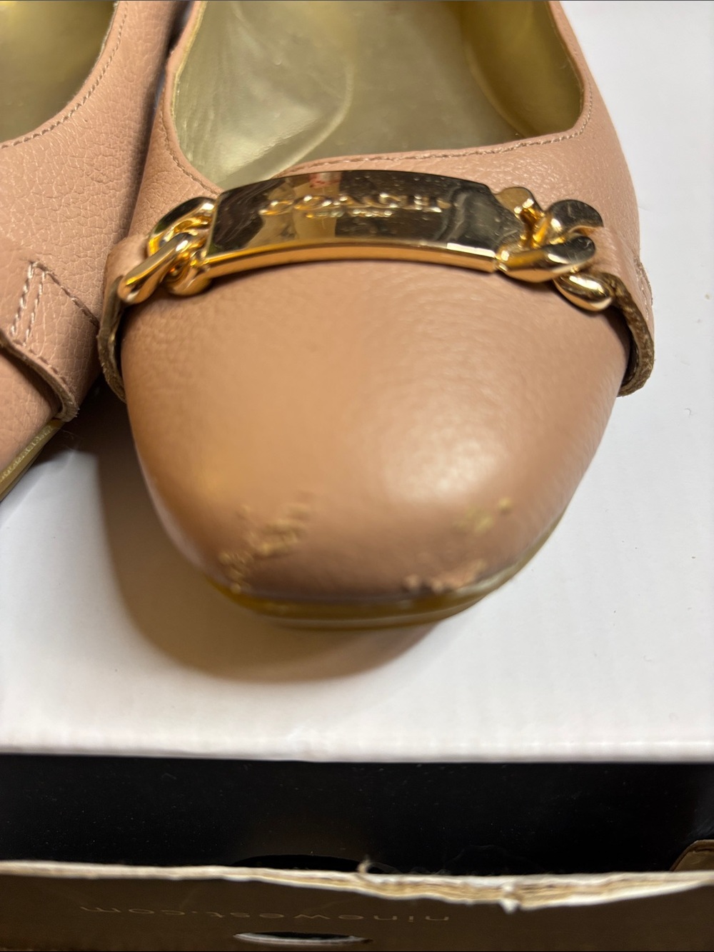 Coach Nude/Pink Leather Chain-Trim Ballet Flats with Gold Plaque - Picture 2 of 4